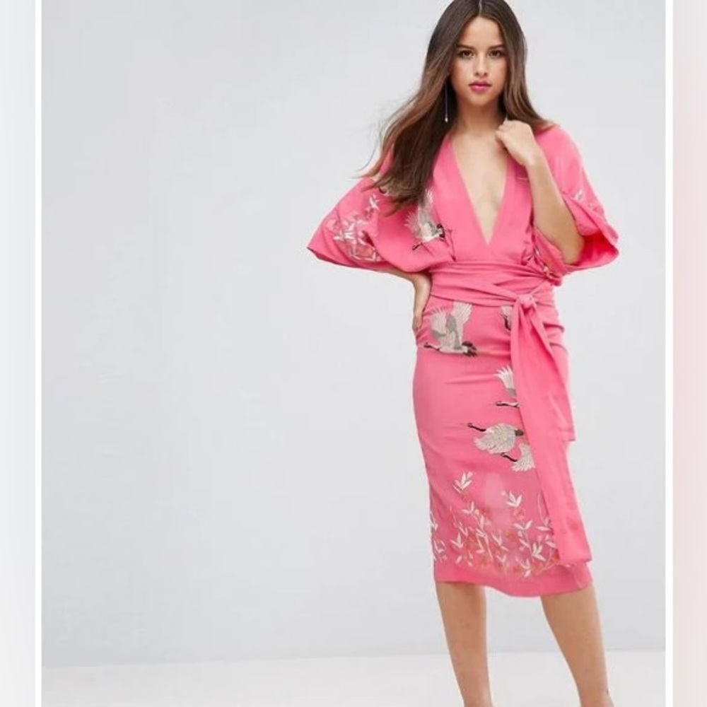 ASOS Pink Floral Kimono Style Embroidered Floral Swan Midi Dress